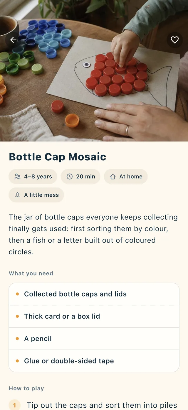 An activity page in Kopā: Bottle Cap Mosaic, with materials and steps