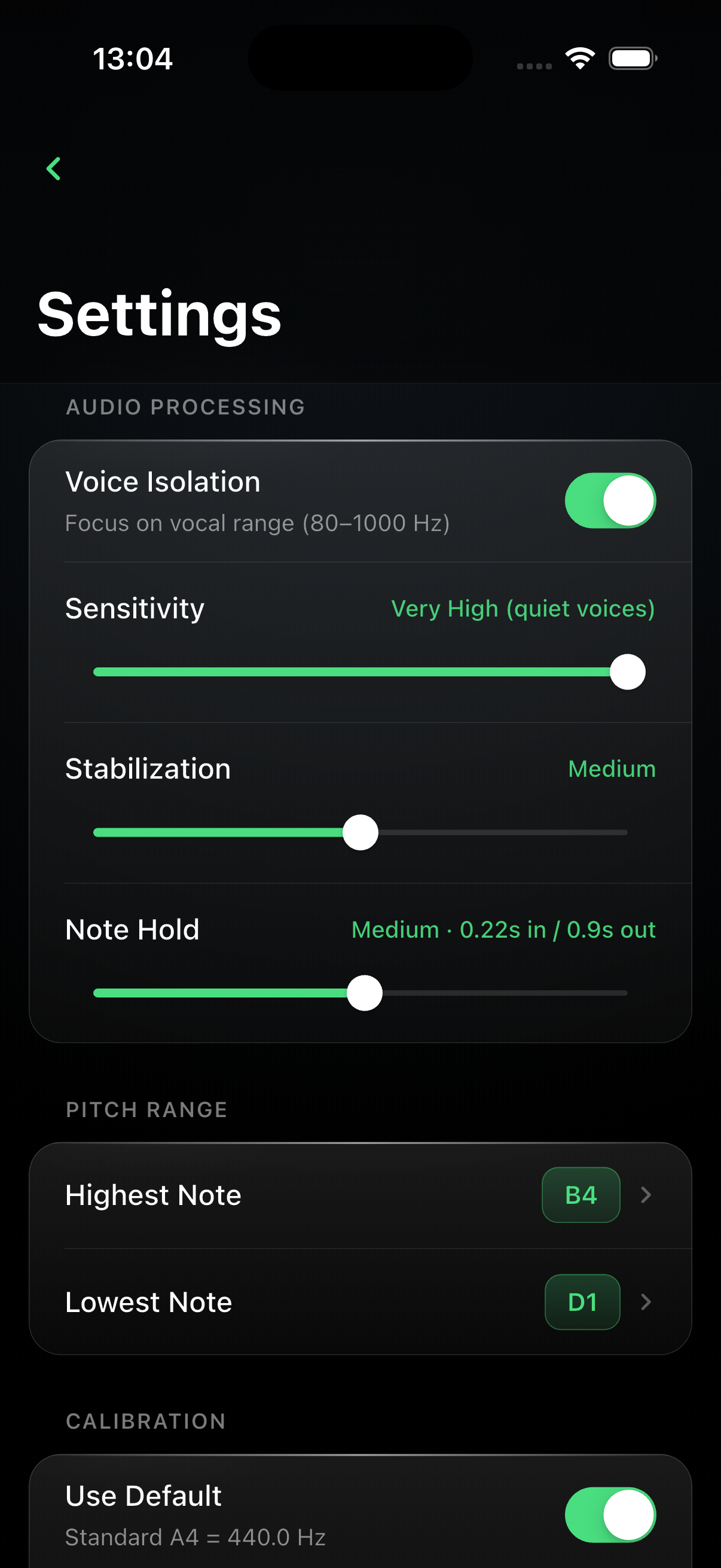 SingTuner settings screen