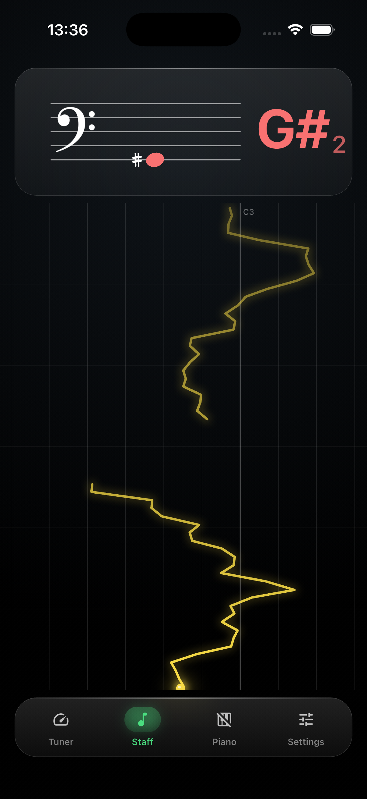SingTuner staff notation view