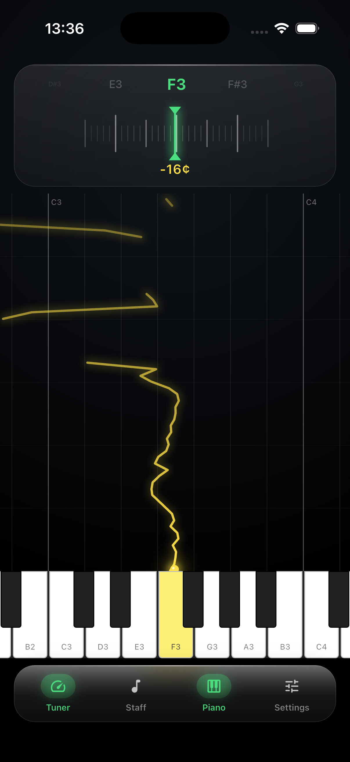 SingTuner tuner view with piano and pitch trace