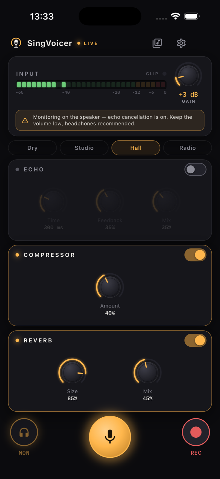 SingVoicer Stage with the Hall preset and effects on